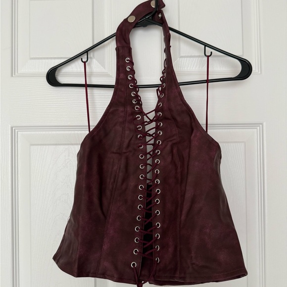 FASHIONNOVA BURGANDY LACE UP 2 PIECE FAUX LEATHER SET - Picture 3 of 7